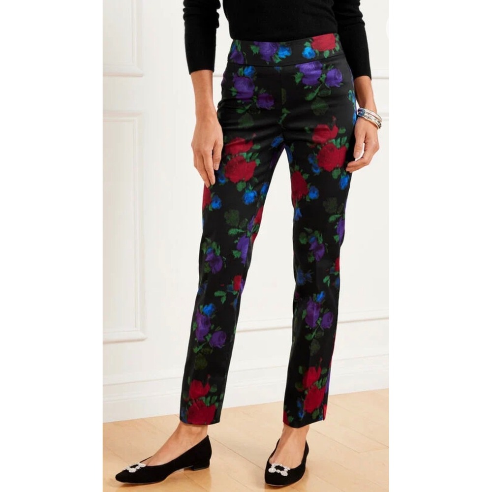 Talbots Chatham Ankle Pants Size 14P Black Floral Crop Pants Stretch Cotton